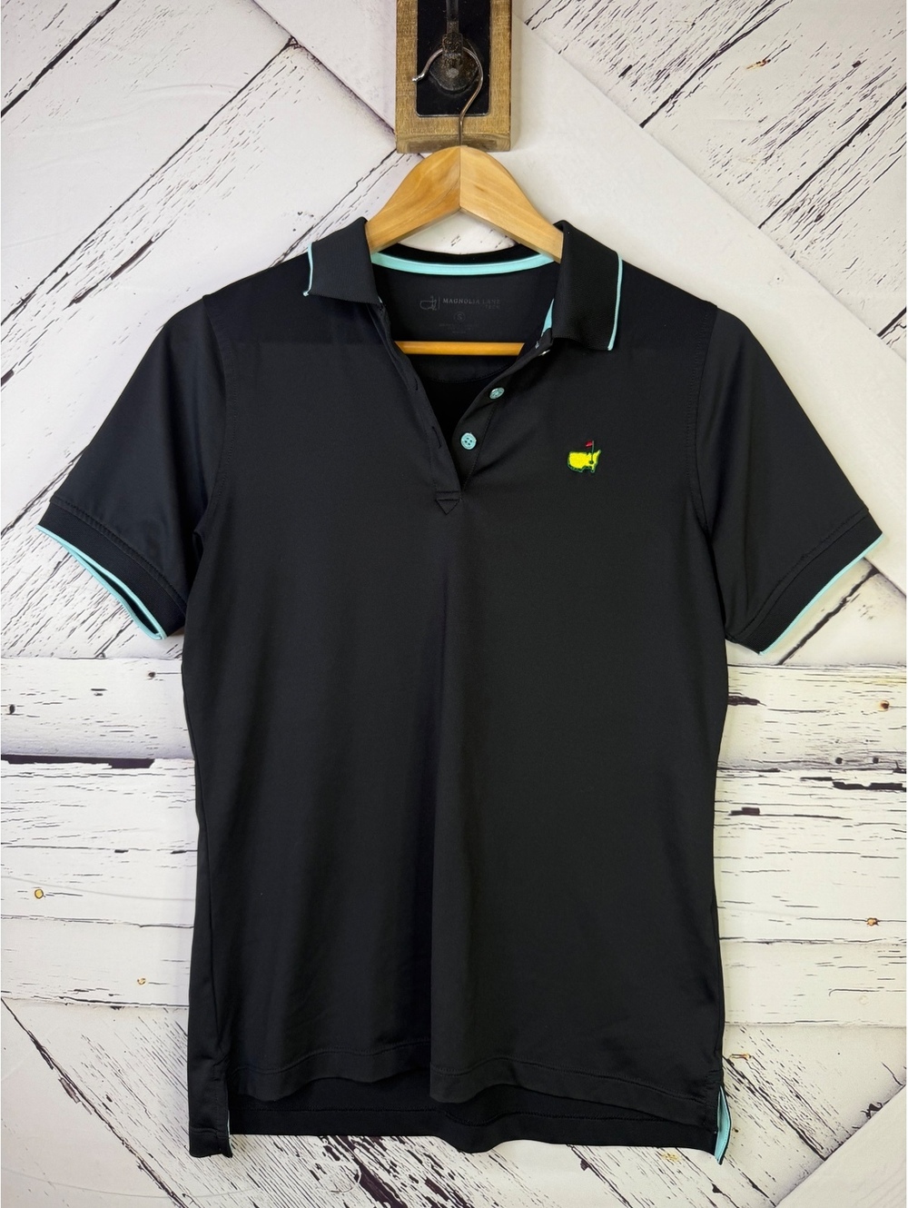 Masters Tournament Magnolia Lane Women’s Tech Polo Shirt Black Teal Trim Small